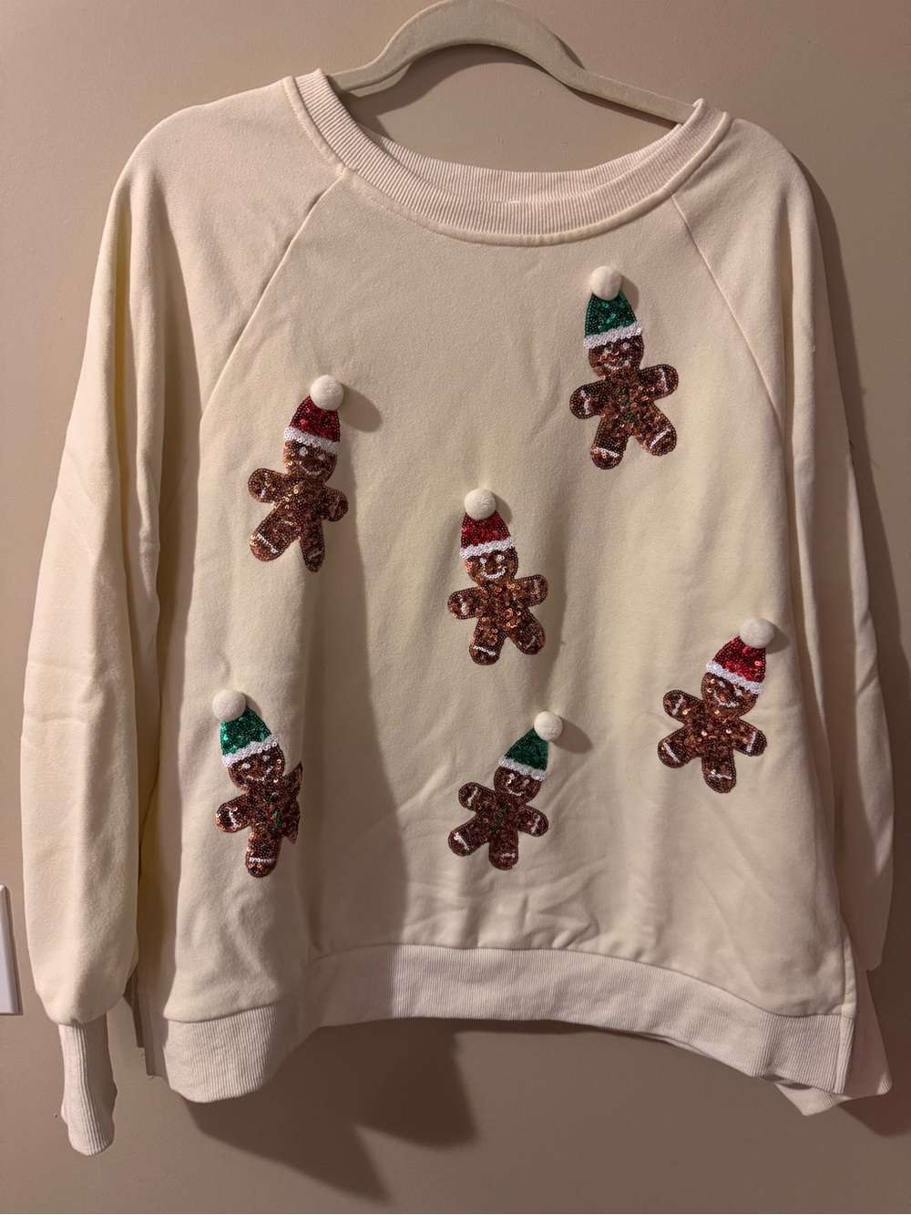 Altar’d State Women's Cream Gingerbread Sequin Holiday Pullover - size Large